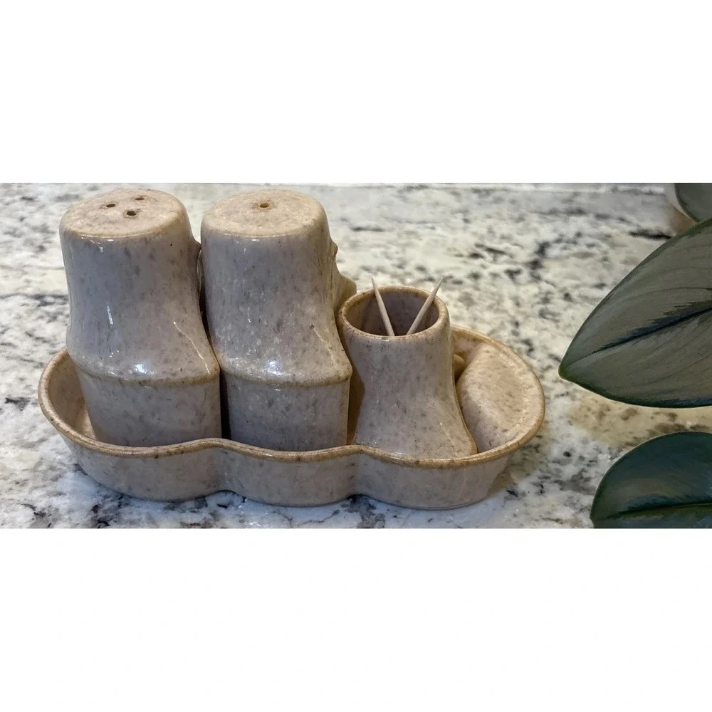Vintage Israel Salt and Pepper Nurit Pottery Abstract MCM Toothpick Holder Caddy